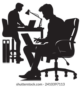 A businessman working on a laptop silhouette in vector file 100% editable. Silhouettes of business people.