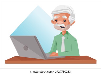 Businessman is working on laptop. Vector graphic illustration. Individually on a white background.