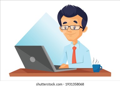 Businessman is working on laptop. Vector graphic illustration. Individually on a white background.