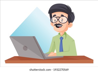 Businessman is working on laptop. Vector graphic illustration. Individually on a white background.