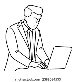 Businessman working on laptop. Vector illustration in line art style.