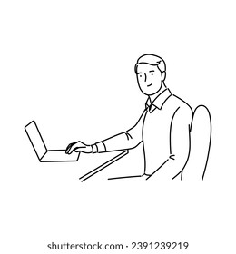 Businessman working on laptop. Vector illustration in thin line style.