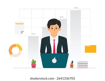 Businessman working on laptop. Vector illustration in flat design style.