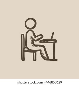 Businessman working on laptop vector sketch icon isolated on background. Hand drawn Businessman working on laptop icon. Businessman working on laptop sketch icon for infographic, website or app.