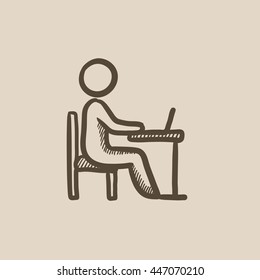 Businessman working on laptop vector sketch icon isolated on background. Hand drawn Businessman working on laptop icon. Businessman working on laptop sketch icon for infographic, website or app.