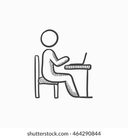 Businessman working on laptop vector sketch icon isolated on background. Hand drawn Businessman working on laptop icon. Businessman working on laptop sketch icon for infographic, website or app.