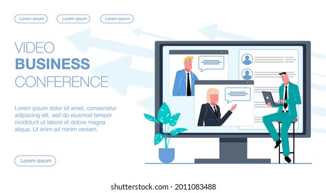 A businessman is working on a laptop and video chatting with his colleagues, with a business video conference on the monitor flat vector illustration