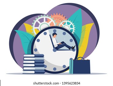 Businessman working on laptop while sitting on clock hand. Time management concept.