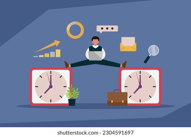 Businessman working on laptop while doing split in between 2 clocks 2d vector illustration concept for banner, website, illustration, landing page, flyer, etc.