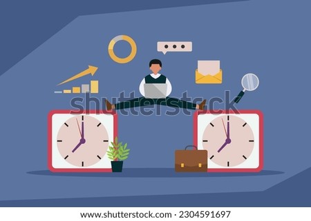 Businessman working on laptop while doing split in between 2 clocks 2d vector illustration concept for banner, website, illustration, landing page, flyer, etc.