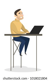 Businessman working on laptop on white background.