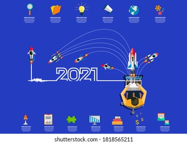 businessman working on Laptop,rocket  with  creative light bulb idea 2021 new year business  -  brainstorm ideas concept, Vector illustration modern design layout template