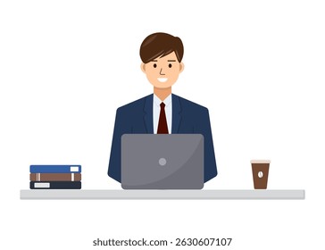 Businessman working on laptop.Young man in suit, office worker with computer, coffee and books on desk at the workplace.Vector graphic illustration cartoon.