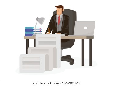 Geschäftsmann arbeitet an einem langen Dokument auf seinem Arbeitstisch. Konzept der Unternehmenskultur. Einzige flache Vektorgrafik.