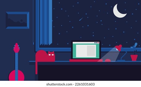 Businessman working on modern home office at night. Man using contemporary technology for Online meetings video conferences with teamwork worldwide. International business concept vector illustration