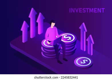 Businessman working on money stack with growth graph on investment vector illustration. Profit in return on investment on portfolio. 
