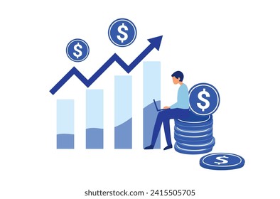 Businessman working on money stack with growth graph on investment vector illustration. Profit in return on investment on portfolio. 
