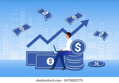 Geschäftsmann arbeitet an Geldstapel mit Wachstumsgraph zur Vektorillustration von Investitionen. Kapitalrendite aus Portfolio