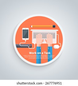 Businessman working on notebook with different task. Young business man working with modern devices digital tablet computer and mobile phone in flat design style on round banner