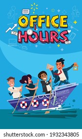 businessman working on office building. office hour concept poster - vector illustration