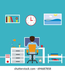 Businessman working on an office desk with computer. Vector illustration. Illustration