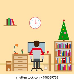 Businessman working on an office desk with computer. Vector illustration.Happy New Year and Merry Christmas