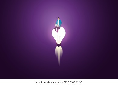 Businessman working on a soaring light-bulb rocket Working with creativity and ideas Starting a business on a dark purple background. isometric vector illustration.