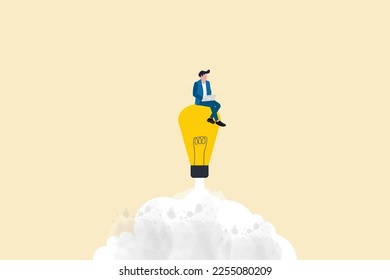 Businessman working on a soaring lightbulb rocket. concept of success business idea or innovation