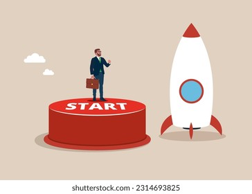 Businessman working on start button into innovative rocket to launch company. Funding startup company or venture capital investment. Flat vector illustration