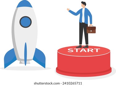 Businessman working on start button into innovative rocket to launch company. Funding startup company or venture capital investment. Flat vector illustration

