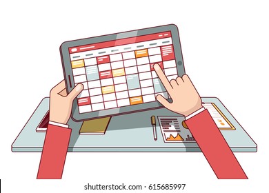 Businessman working on tablet computer. Planning tasks ahead being sitting behind office desk with documents. Modern flat style thin line vector illustration isolated on white background.