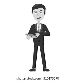 Businessman working on tablet icon. Gray monochrome illustration of businessman working on tablet vector icon for web