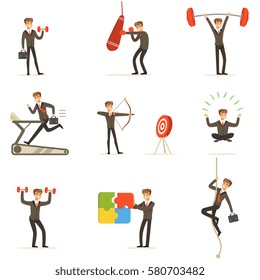 Businessman Working Out In Gym, Metaphor Of Business Preparation Training Set Of Illustrations