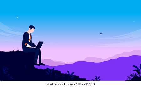 Businessman working outdoors - Male person using laptop computer outside in nature. Work from anywhere concept. Vector illustration.