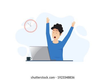 Businessman working overtime late night in office with laptop computer.