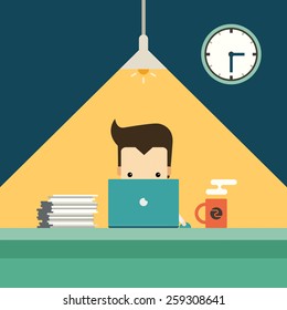 businessman working overtime late night in office vector