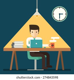 businessman working overtime late night in office vector