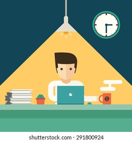 businessman working overtime late night in office vector