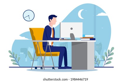 Empresario trabajando horas extra - Un hombre en la oficina trabaja tarde en un ordenador en el escritorio con luna y reloj en segundo plano. Ilustración vectorial.