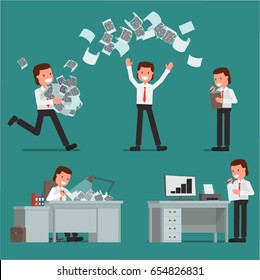 Businessman working with paper documents. Set of vector illustrations in a flat style.