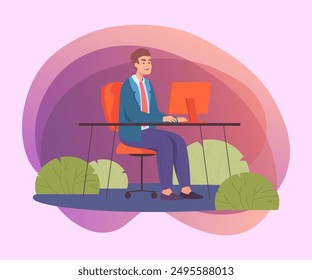 Hombre de negocios trabajando en Ilustración vectorial de parque. Hombre feliz o empleado en traje oficial sentado en el escritorio, trabajando en la naturaleza. Lugar de trabajo, trabajo, fantasía, relax, concepto de equilibrio