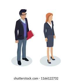 Businessman working people. Business person with documents file woman wearing classy clothes. Manager and secretary boss employee isolated on vector