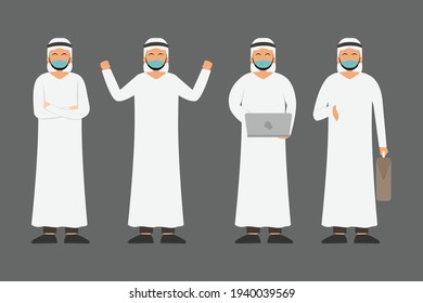 Businessman working poses vector concept: Set of Arabian businessman characters wearing face mask and working in office