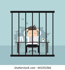 Businessman working in the prison. Vector