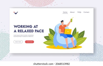 Businessman Working at Relaxed Place Landing Page Template. Character Sitting on Beanbag Chair with Laptop and Cocktail on Exotic Tropical Beach Work Distantly. Cartoon People Vector Illustration