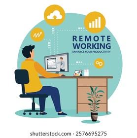 Businessman working remotely in a digital setup featuring graphs, video calls, and cloud computing tools. Ideal for concepts of productivity, modern communication, and flexible work environments. 