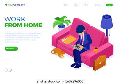 businessman working remotely from home. man sits at sofa and working on laptop. manager convened an online meeting. isometric characters. stay home covid-19 coronavirus. isolated vector illustration