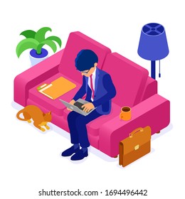 businessman working remotely from home. man sits at sofa and working on laptop. manager convened an online meeting. isometric characters. stay home covid-19 coronavirus. isolated vector illustration