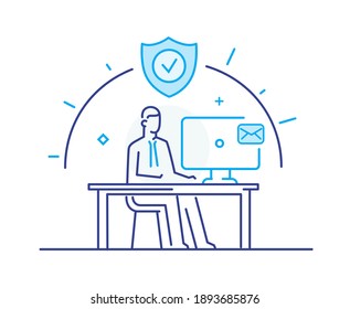 Geschäftsmann, der fernarbeitet, Isolation, Quarantäne, Covid. Workflow, Wachstum, Grafik. Unternehmensentwicklung, Meilensteine, Start-up. Infografien von Symbolen für lineare Illustrationen. Druck der Landingpage