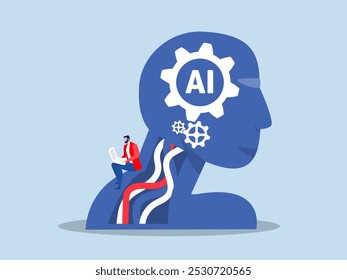 Hombre de negocios que trabaja con robot. La Tecnología de Asistencias de inteligencia artificial ayuda a investigar información importante y crear ideas ilustrador de Vector de éxito empresarial